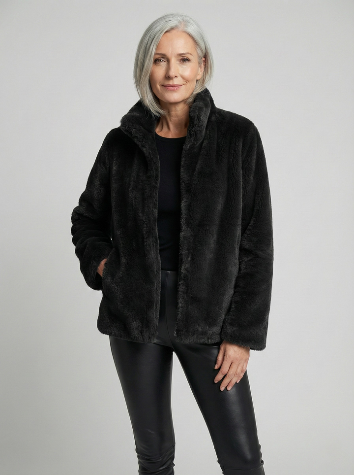 Soline | Veste Cocon en Fausse Fourrure - Col Montant Zippé