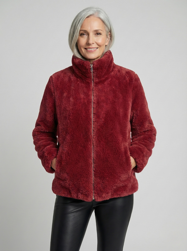 Soline | Veste Cocon en Fausse Fourrure - Col Montant Zippé