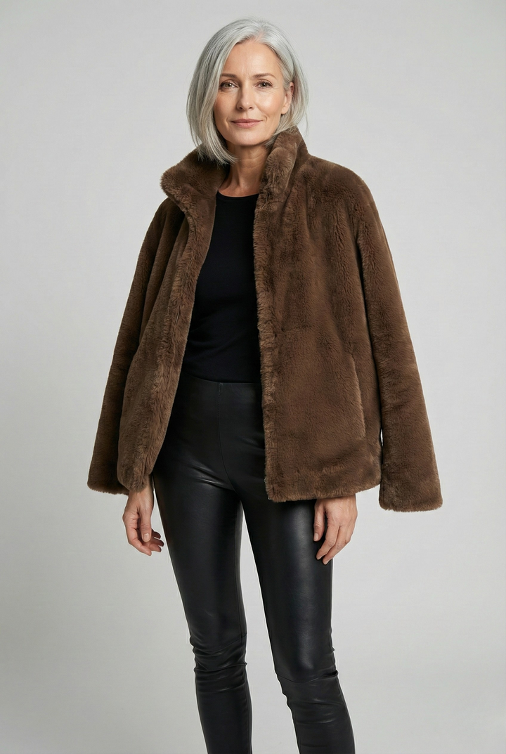 Soline | Veste Cocon en Fausse Fourrure - Col Montant Zippé